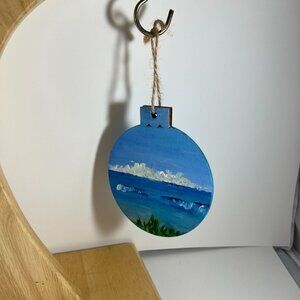 Hand-Painted Wooden Ornament With Ocean & Beach Scene